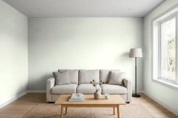 Living room with walls painted PPG Paints Wayward Willow 1033-2 (simulated)