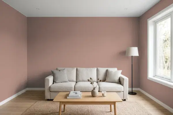 Living room with walls painted Benjamin Moore Weathered Bark 2098-40 (simulated)
