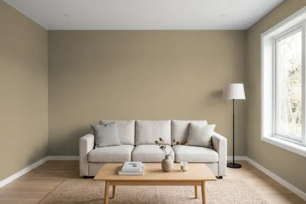 Living room with walls painted Behr Weathered Fossil N310-5 (simulated)