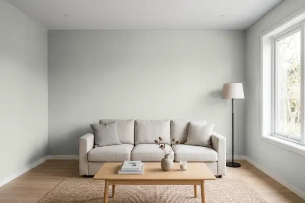 Living room with walls painted Behr Weathered Moss N380-3 (simulated)