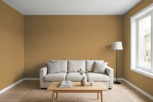 Living room with walls painted PPG Paints Weathered Wicker 1092-7 (simulated)