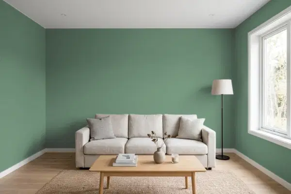 Living room with walls painted Benjamin Moore Webster Green HC-130 (simulated)