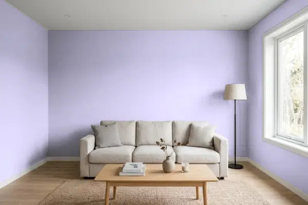 Living room with walls painted Behr Weeping Wisteria 630A-3 (simulated)