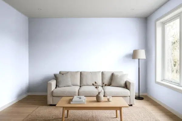 Living room with walls painted PPG Paints Weeping Wisteria 1246-2 (simulated)