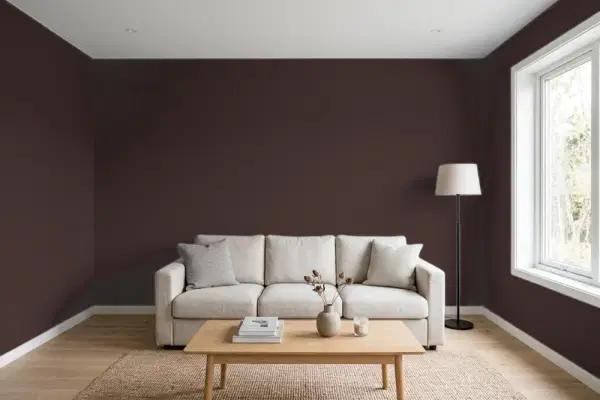 Living room with walls painted Benjamin Moore Wenge AF-180 (simulated)