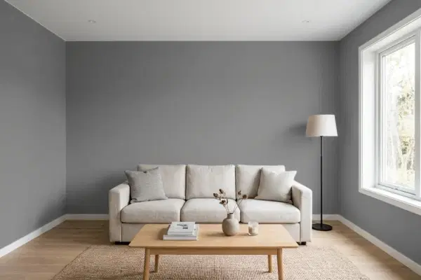 Living room with walls painted Sherwin-Williams Westchester Gray SW 2849 (simulated)