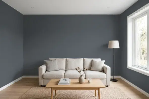 Living room with walls painted Benjamin Moore Westcott Navy 1624 (simulated)