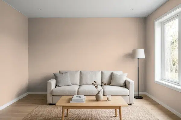 Living room with walls painted Valspar Western Sandstone 1001-10A (simulated)