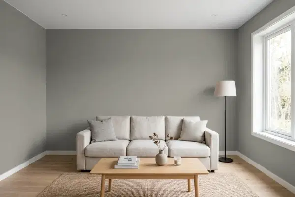 Living room with walls painted Behr Wet Cement HDC-NT-23 (simulated)