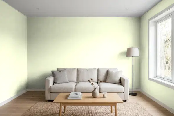 Living room with walls painted Valspar Whipped Mint 6006-7A (simulated)