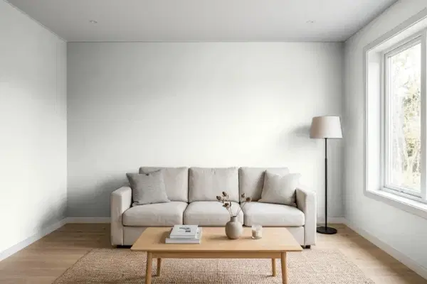 Living room with walls painted Benjamin Moore Whisper CSP-500 (simulated)