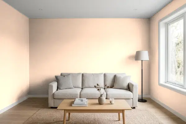 Living room with walls painted Behr Whispering Peach 250A-3 (simulated)
