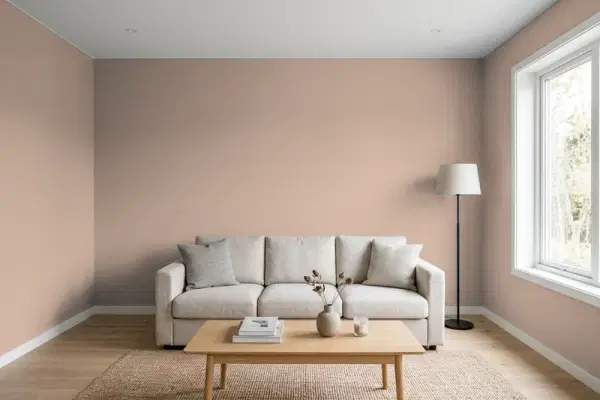 Living room with walls painted Benjamin Moore Whispering Woods 1012 (simulated)