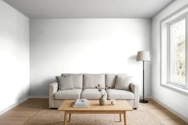 Living room with walls painted Benjamin Moore White OC-151 (simulated)