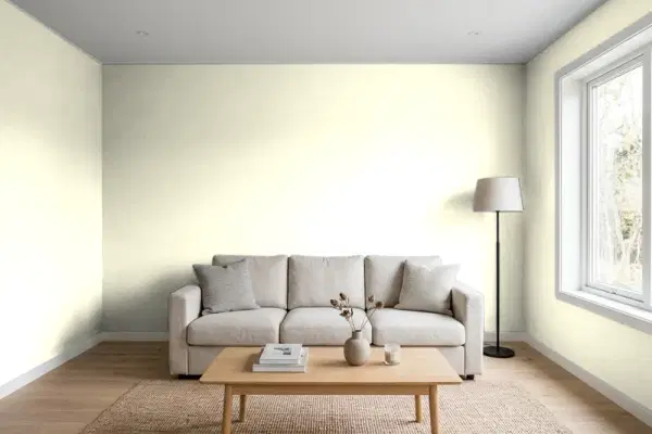 Living room with walls painted Behr White Hydrangea W-B-420 (simulated)