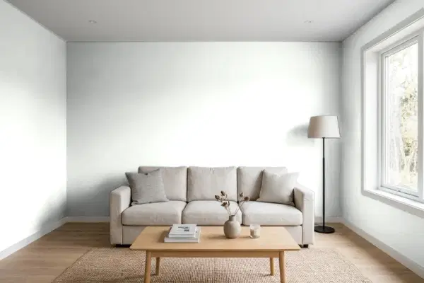 Living room with walls painted Benjamin Moore White Ice 2139-70 (simulated)