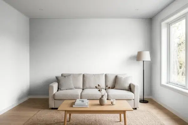 Living room with walls painted Behr White Metal N520-1 (simulated)