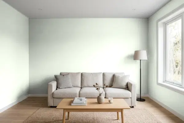 Living room with walls painted Sherwin-Williams White Mint SW 6441 (simulated)