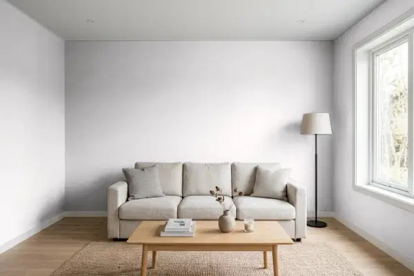 Living room with walls painted Valspar White Pepper 4001-1A (simulated)