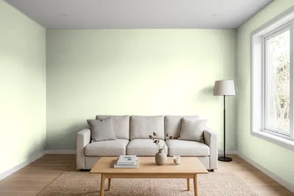 Living room with walls painted Behr White Radish M360-2 (simulated)