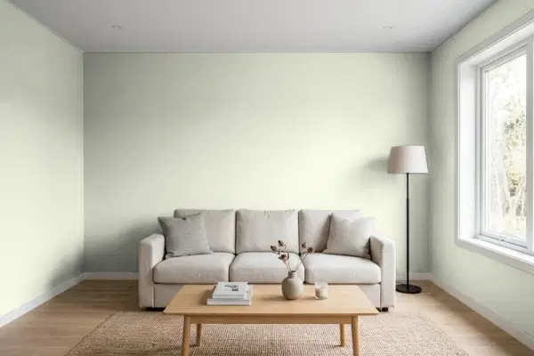 Living room with walls painted PPG Paints White Sage 1125-2 (simulated)