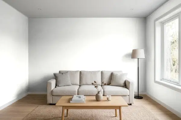 Living room with walls painted Sherwin-Williams White Sail SW 9622 (simulated)