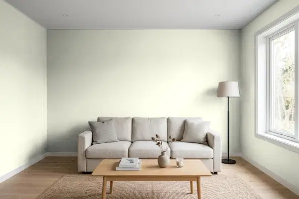 Living room with walls painted Valspar White Scallion 6006-3A (simulated)