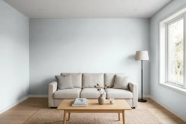 Living room with walls painted Benjamin Moore Whitestone 2134-60 (simulated)