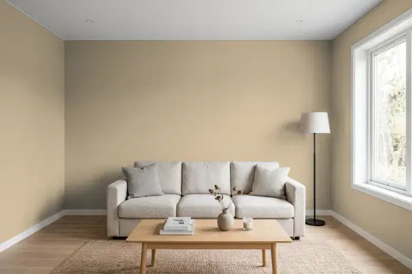 Living room with walls painted Benjamin Moore Wicker Basket CSP-255 (simulated)