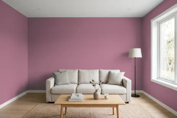 Living room with walls painted PPG Paints Wild Geranium 1045-6 (simulated)