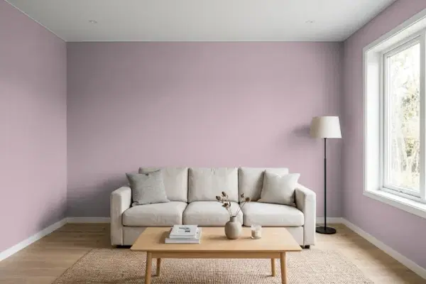 Living room with walls painted Behr Wild Lilac PMD-34 (simulated)
