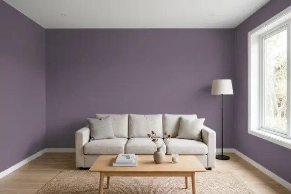 Living room with walls painted Benjamin Moore Wild Mulberry CSP-475 (simulated)