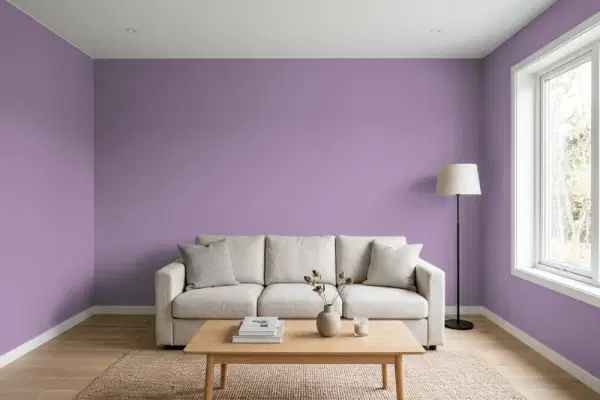 Living room with walls painted Benjamin Moore Wild Orchid 2072-40 (simulated)