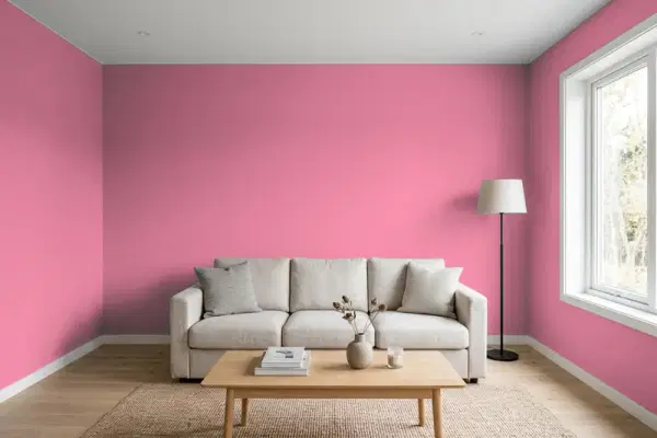 Living room with walls painted Benjamin Moore Wild Pink 2080-40 (simulated)
