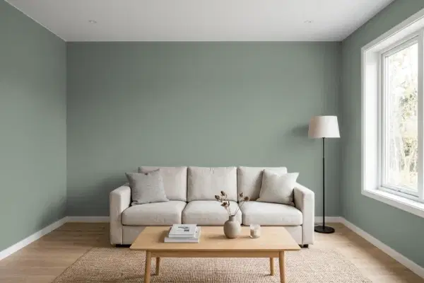 Living room with walls painted Behr Wild Sage 700F-5 (simulated)