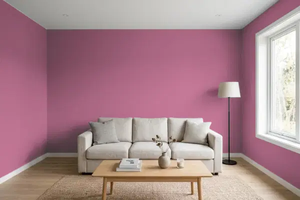 Living room with walls painted PPG Paints Wild Strawberry 1044-6 (simulated)