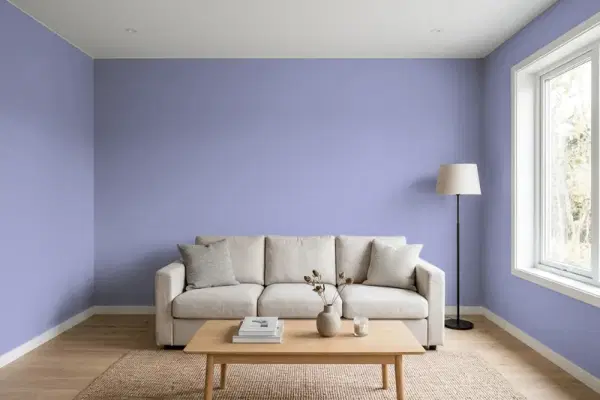 Living room with walls painted Behr Wild Wisteria 630D-5 (simulated)
