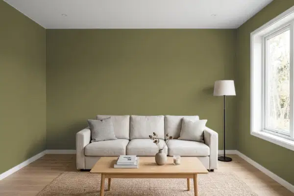 Living room with walls painted Behr Wilderness 390F-7 (simulated)