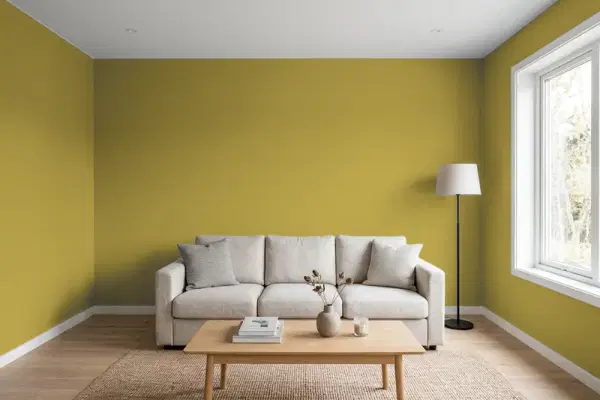 Living room with walls painted Benjamin Moore Willow Green 2150-10 (simulated)