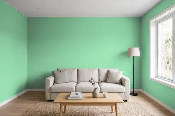 Living room with walls painted Behr Willow Hedge P410-4 (simulated)