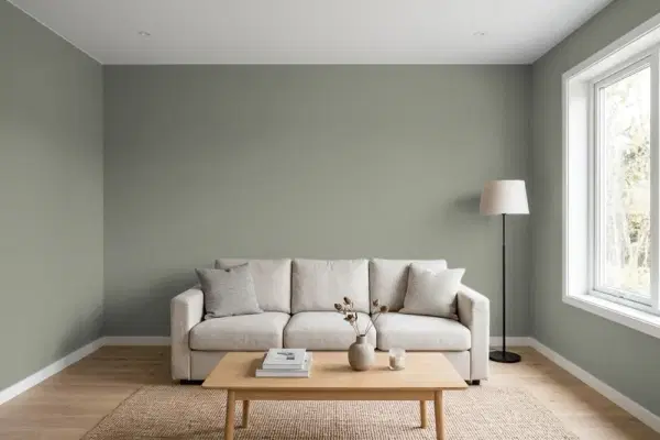 Living room with walls painted Sherwin-Williams Willowleaf SW 9649 (simulated)