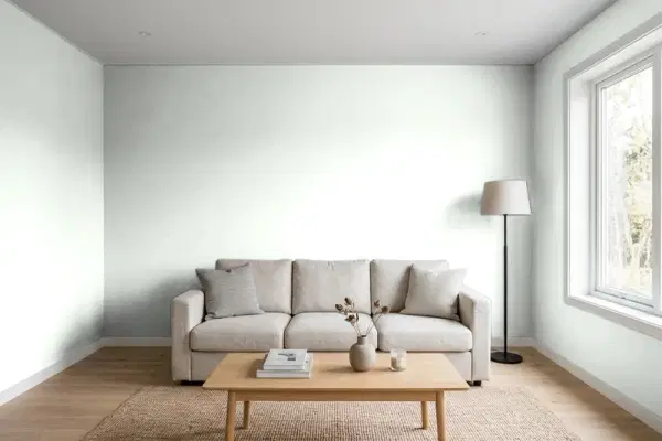Living room with walls painted Behr Wind Chill BL-W07 (simulated)