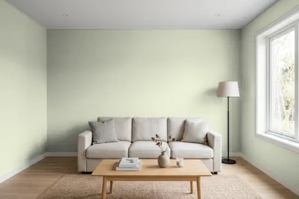 Living room with walls painted Benjamin Moore Wind Chime AF-465 (simulated)