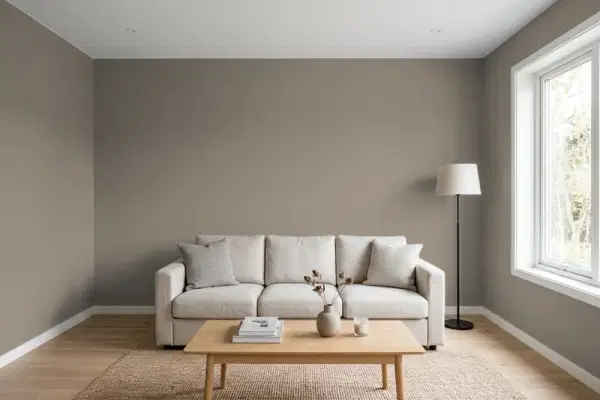 Living room with walls painted Behr Winding Path PPF-53 (simulated)