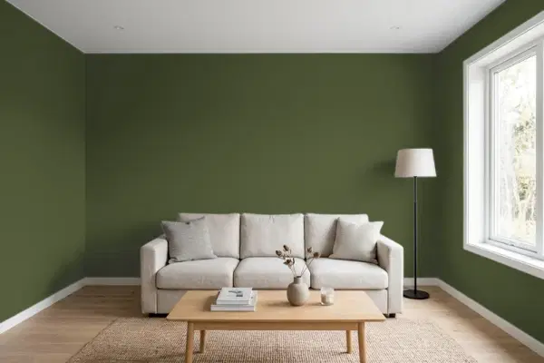 Living room with walls painted Benjamin Moore Windsor Green CW-505 (simulated)