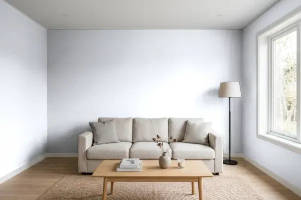 Living room with walls painted PPG Paints Windsor Haze 1167-2 (simulated)