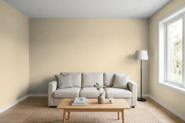 Living room with walls painted Behr Windsor Tan MQ2-26 (simulated)