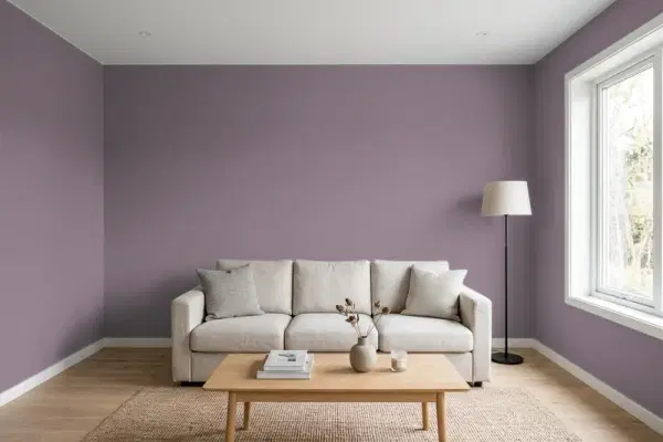 Living room with walls painted Behr Wine Frost 690F-6 (simulated)