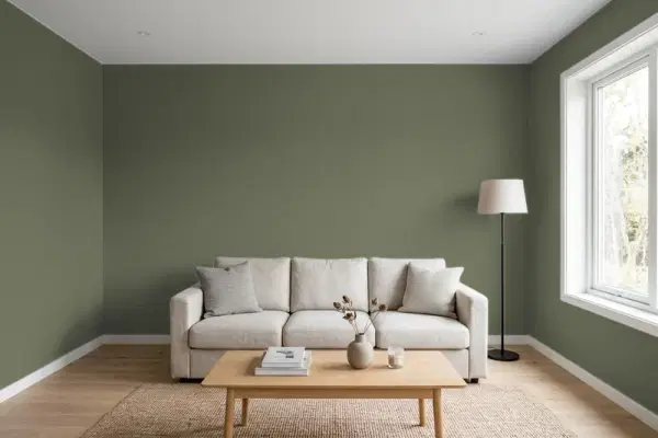 Living room with walls painted PPG Paints Winning Ticket 1127-6 (simulated)