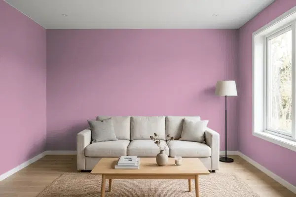 Living room with walls painted Behr Winsome Rose 690D-5 (simulated)